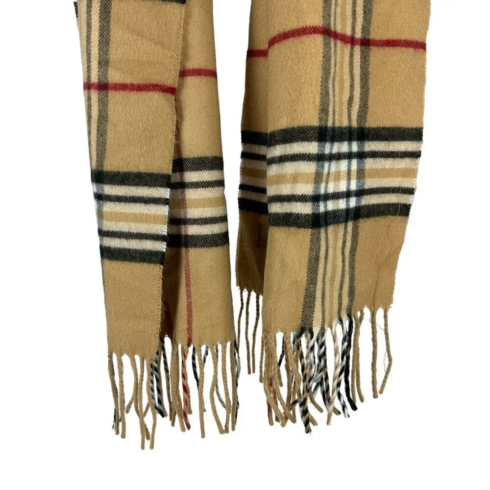 Preston & York Mens Vintage  Plaid Scarf Tan Black Red Fringe 100% Acrylic